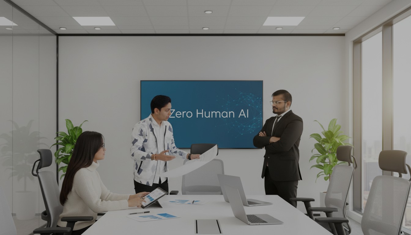 An office workspace with two people collaborating on a laptop.